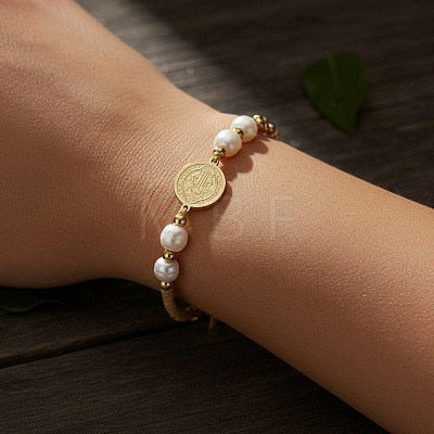 Imitation Pearl and Brass Saint Benedict Braided Bead Bracelets LS-KP6024-1
