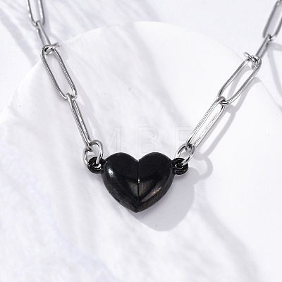 304 Stainless Steel Double-Sided Magnetic Heart Pendant Paperclip Chain Necklaces NJEW-U028-02B-1