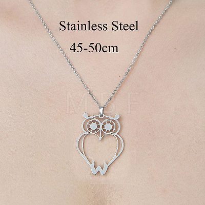 201 Stainless Steel Hollow Owl Pendant Necklace NJEW-OY002-03-1
