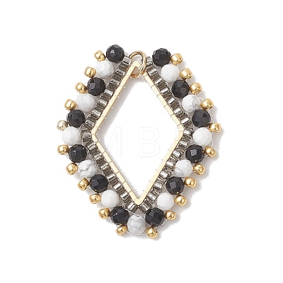 Natural Howlite & Black Onyx(Dyed & Heated) Faceted Round and Glass Seed Beaded Pendants PALLOY-MZ01167-01-1
