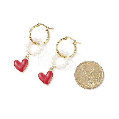 Shell Pearl Beaded Ring with Alloy Heart Dangle Hoop Earrings EJEW-TA00172-1