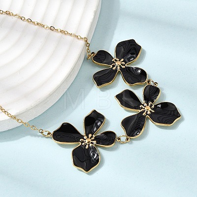 304 Stainless Steel Enamel Black Flower Bib Necklaces for Women NJEW-P352-01G-1