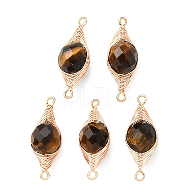 Natural Tiger Eye Faceted Flat Round Links Connector Charms with Copper Herringbone Wire-Wrapped KK-Z152-09G-02-1