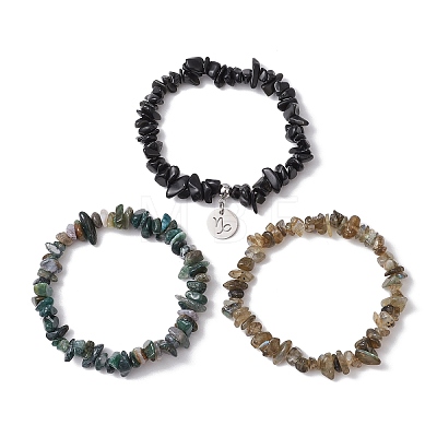 3Pcs 3 Styles Natural Labradorite & Obsidian & Moss Agate  Chips Stretch Bracelets Sets BJEW-JB11076-12-1