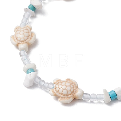 Turtle Cross Synthetic Turquoise & Magnesite & Glass Seed Braided Beaded Adjustable Anklets AJEW-AN00652-1