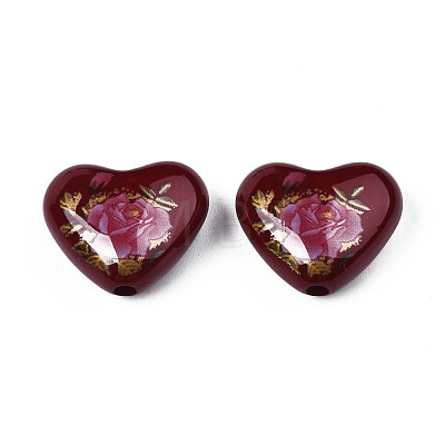Flower Printed Opaque Acrylic Heart Beads SACR-S305-28-L04-1