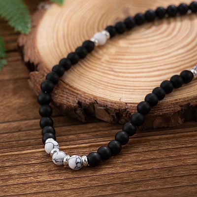 6MM Round Natural Howlite and Frosted Black Stone Beaded Necklaces for Men LS-FQ0489-3-1