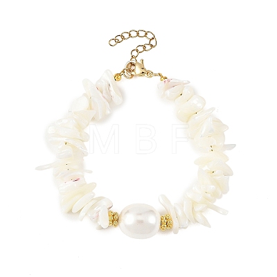 Ocean Oval Shell Pearl & Natural Shell Chip Beaded Bracelets for Women BJEW-JB14396-1