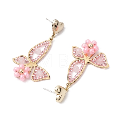 Rose Quartz Dangle Stud Earrings EJEW-MZ00243-1