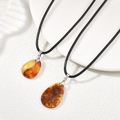 Natural Amber Teardrop Pendant Black Imitation Leather Cord Necklaces for Women NJEW-JN06318-1