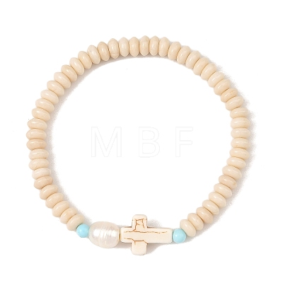 Religion Synthetic Turquoise Cross & Rondelle Natural Petrified Wood & Round Dyed Howlite Beaded Stretch Bracelets BJEW-JB14421-1