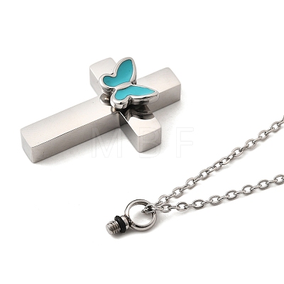 304 Stainless Steel Enamel Butterfly Cross Pendant Urn Ashes Necklaces NJEW-K393-03P-1