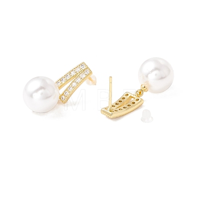 Cubic Zirconia Stud Earrings with Glass Pearl EJEW-H086-06G-1