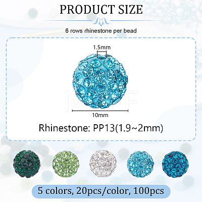 Olycraft 100Pcs 5 Colors Polymer Clay Pave Rhinestone Beads RB-OC0001-10B-1