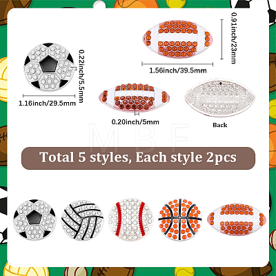 10Pcs 5 Styles Sports Balls Alloy Rhinestone Cabochons FIND-SC0023-43-1