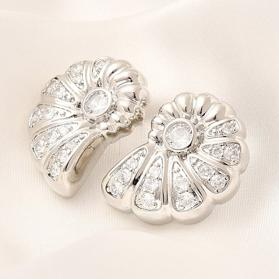 Rack Plating Shell Shape Brass Micro Pave Clear Cubic Zirconia Stud Earrings EJEW-H143-27P-1