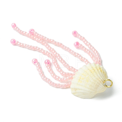 Natural Clam Shell & Glass Pearl & Glass Seed Beaded Big Pendants PALLOY-MZ00298-03-1