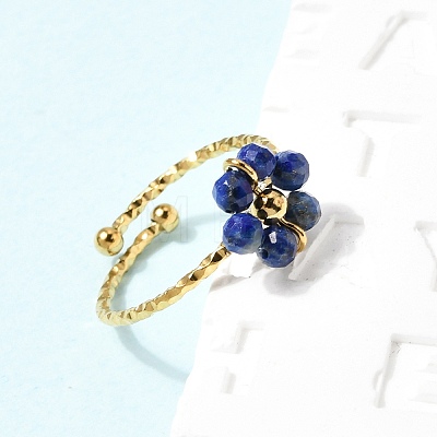 Adjustable 304 Stainless Steel Natural Lapis Lazuli Cuff Open Rings RJEW-P187-01G-03-1