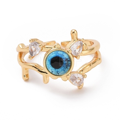 Resin Eye Open Cuff Ring with Clear Cubic Zirconia RJEW-P032-03G-1