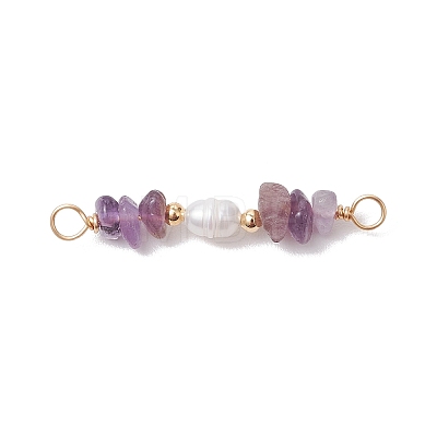 Natural Amethyst Chip & Natural Cultured Freshwater Pearl Rice Beaded Connector Charms PALLOY-JF03707-09-1
