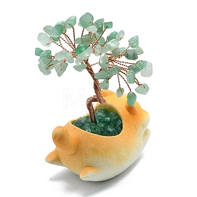 Natural Green Aventurine Chips Tree of Life Decorations with Cat Display Decorations DJEW-K025-03E-1
