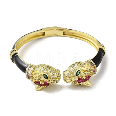 Brass Pave Colorful Cubic Zirconia Leopard Open Cuff Bangle for Women BJEW-K246-07G-1