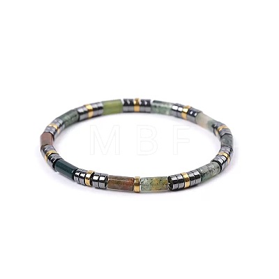Bohemian Natural Indian Agate & Golden Synthetic Non-magnetic Hematite Beaded Stretch Bracelets for Women Men NY1304-10-1