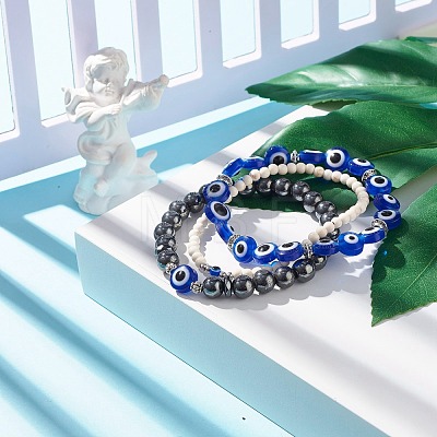 3Pcs 3 Style Synthetic Turquoise(Dyed) & Hematitie Round Beaded Stretch Bracelets Set BJEW-JB07620-1