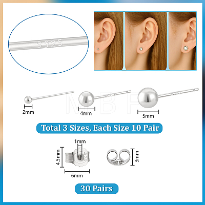 30Pairs 3 Styles 925 Sterling Silver Stud Earrings for Women EJEW-PH0002-09-1