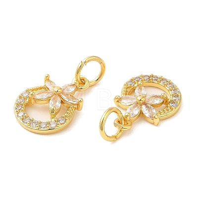 Rack Plating Brass Pave Clear Cubic Zirconia Ring Charms with Flower KK-Z026-09G-1