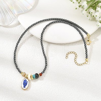 Printed 304 Stainless Steel Oval with Hand Pendant Synthetic Non-magnetic Hematite Round Beaded Necklaces NJEW-JN06690-1