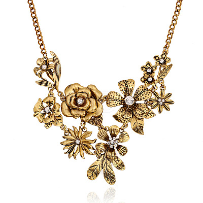 Retro Alloy Crystal Rhinestone Flower Pendant Bib Necklaces for Women FS-WGB73F9-02-1