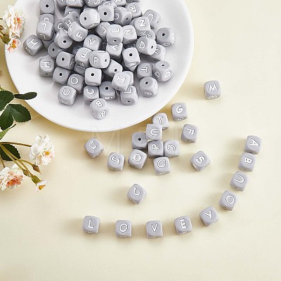 20Pcs Grey Cube Letter Silicone Beads 12x12x12mm Square Dice Alphabet Beads with 2mm Hole Spacer Loose Letter Beads for Bracelet Necklace Jewelry Making JX436A-1
