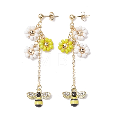 Spring Flower & Bees Alloy Enamel Dangle Stud Earrings EJEW-TA00498-1