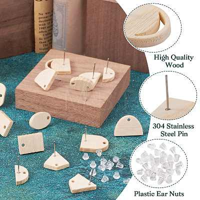  40Pcs 10 Styles Fan & Rectangle & Flat Round & Oval Ash Wood Stud Earring Findings EJEW-TA0001-18-1