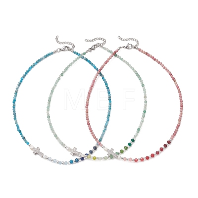 Natural Mixed Stone Faceted Round and Dyed Malaysia Jade & Pearl Beaded Necklaces with Brass Micro Pave Clear Cubic Zirconia Cross NJEW-JN05975-1