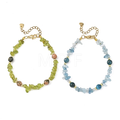 2Pcs 2 Styles Natural Aquamarine & Green Rutilated Quartz & Apatite & Peridot Round and Chip Beaded Bracelet Sets with 304 Stainless Steel End Chains BJEW-JB14339-1