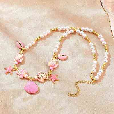 Ocean Brass Enamel Starfish Shell Shape Pendant Round ABS Imitation Pearl Beaded Necklaces KK-CBA4547-04C-G-1