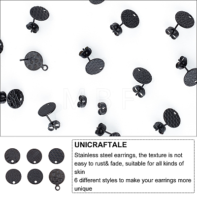 Unicraftale 24Pcs 6 Style Flat Round with Textured 304 Stainless Steel Stud Earring Findings STAS-UN0027-38-1