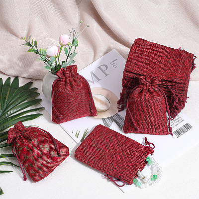 Polyester Imitation Burlap Packing Pouches Drawstring Bags ABAG-BBC0001-02A-04-1