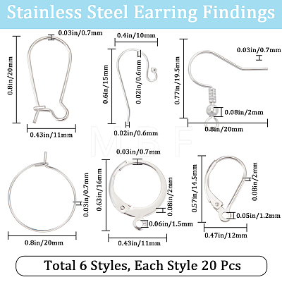 Beebeecraft 120Pcs 6 Style 304 & 316 Surgical Stainless Steel Earring Findings DIY-BBC0001-75-1