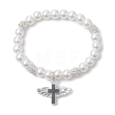 Brass and Glass Pearl Beads Stretch Bracelets for Women BJEW-JB11381-02-1