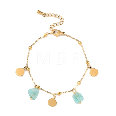 Summer Beach Nuggets Natural Amazonite & Ion Plating(IP) 304 Stainless Steel Charm Anklets for Women BJEW-P326-05D-G-1