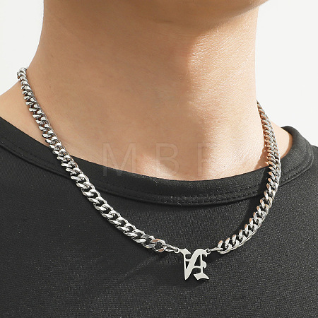 304 Stainless Steel Initial Pendant Cuban Link Chain Necklaces FS-WGB15F2-10-1