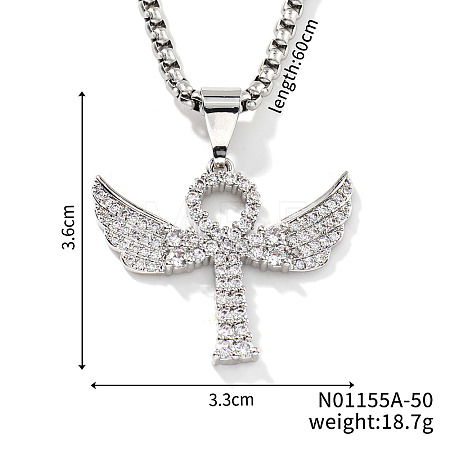 Elegant Brass Crystal Rhinestone Winged Cross Pendant Box Chain Necklaces OK2831-1-1