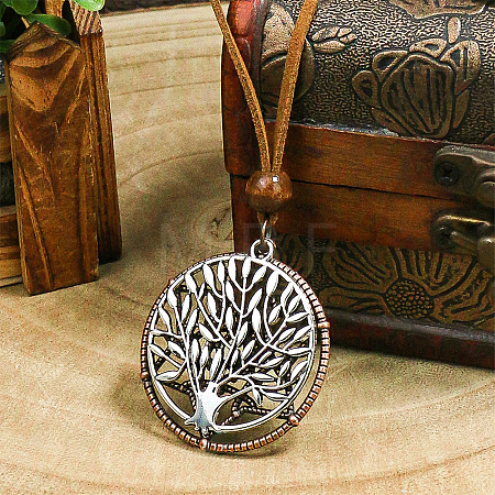Tree of Life Alloy Pendant Imitation Leather Cord Adjustable Necklaces FS-WG37634-01-1