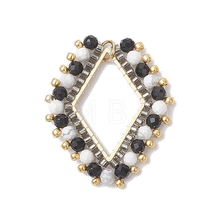 Natural Howlite & Black Onyx(Dyed & Heated) Faceted Round and Glass Seed Beaded Pendants PALLOY-MZ01167-01-1