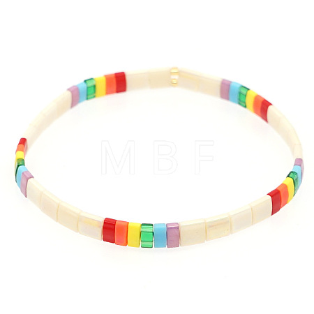 Bohemian Rainbow Glass Flat Double-Hole Bead Striped Women's Stretch Bracelets for Women QS8192-5-1
