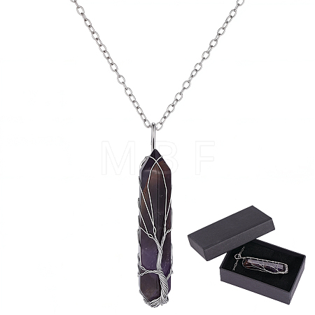 1Pc Natural Amethyst Bullet Macrame Pouch Pendant Alloy Chain Necklaces NJEW-PA0001-01C-1