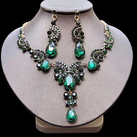 Teardrop Alloy Acrylic Rhinestone Pendant Necklaces & Stud Earrings Sets FS-WG537BF-10-1